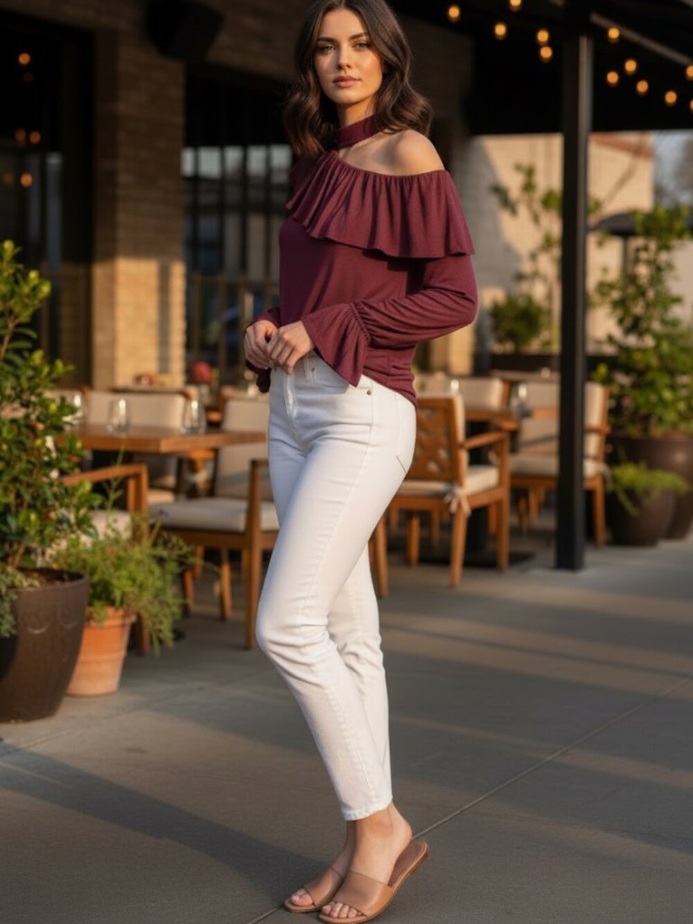 Paige Choker Ruffled One Shoulder Top in Mauve Wine Size M